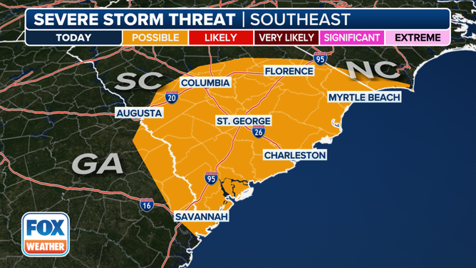 This graphic shows the severe thunderstorm threat in Georgia, South Carolina and North Carolina on Wednesday, March 6, 2024.