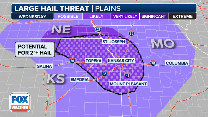 This graphic shows the large hail threat on Wednesday, March 13, 2024.