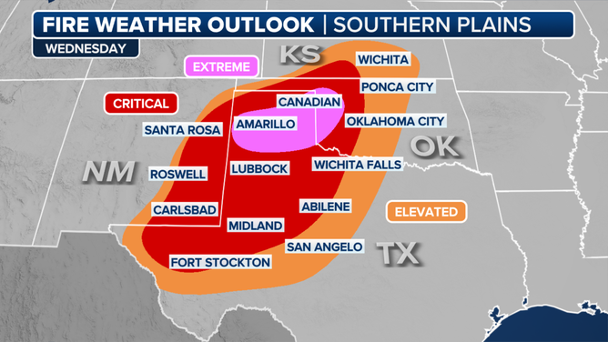 A look at the wildfire threat Wednesday in the southern Plains.