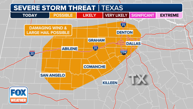 This graphic shows the severe thunderstorm threat in Texas on Wednesday, March 6, 2024.