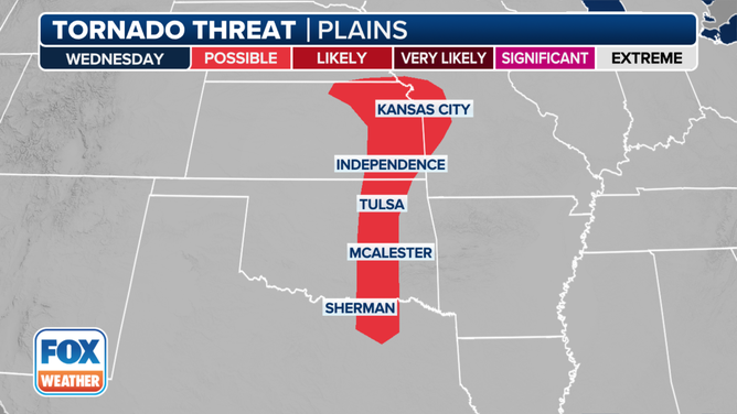 This graphic shows the tornado threat on Wednesday, March 13, 2024.