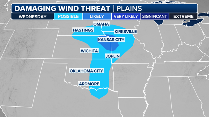 This graphic shows the damaging wind threat on Wednesday, March 13, 2024.