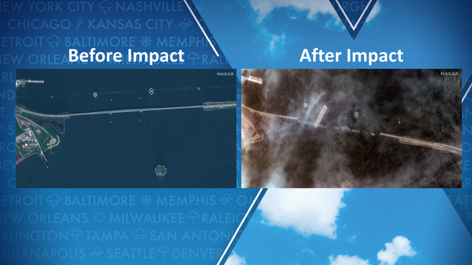 MAXAR satellite imagery before and after the collision with the Francis Scott Key Bridge in Baltimore, Maryland on March 26, 2024.