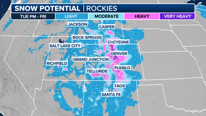 Possible snow totals across the Rockies through Friday.