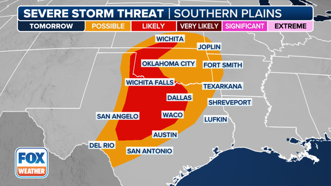 This graphic shows the severe weather threat on Thursday, March 7, 2024.