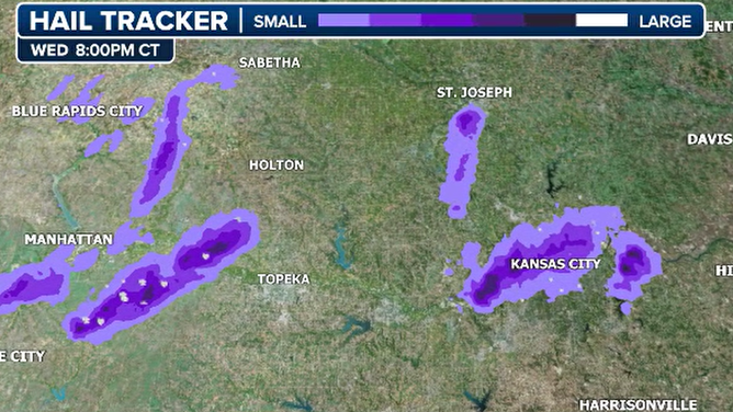 FOX Weather Hail Tracker showing hail cores.