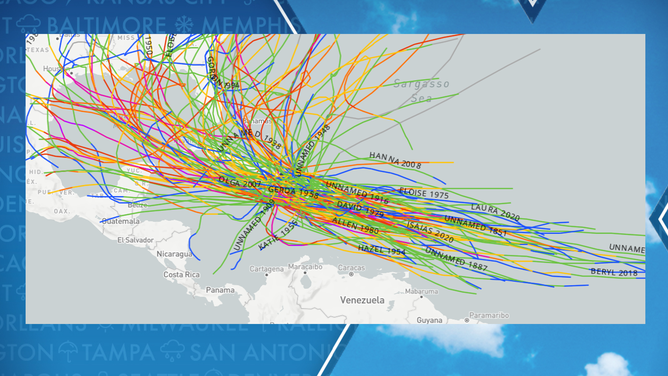 Paths of tropical cyclones within 40 miles of Haiti