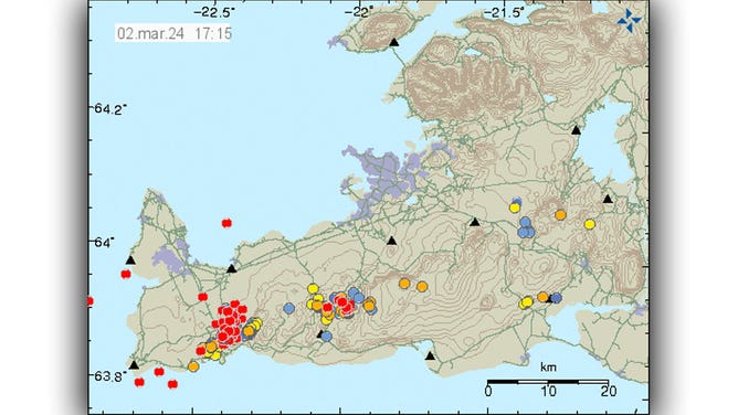 Earthquakes recorded in Iceland as of the morning of March 2, 2024. Red dots are the most recent quakes, while blue dots represent the oldest.