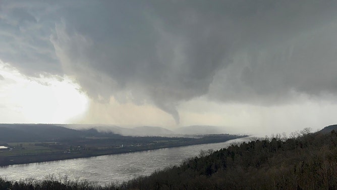 A tornado spins through Madison, Indiana, on March 14, 2023.