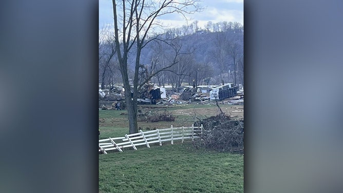 Damage is seen following a tornado in Madison, Indiana, on March 14, 2023.