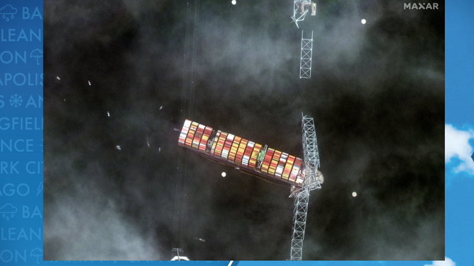 MAXAR satellite image showed the aftermath of the Francis Scott Key Bridge in Baltimore, Maryland on March 26, 2024.