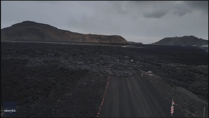 This animated image comes from drone video recorded in Iceland after a volcano erupted for the fourth time in three months last weekend and shows a charred landscape.