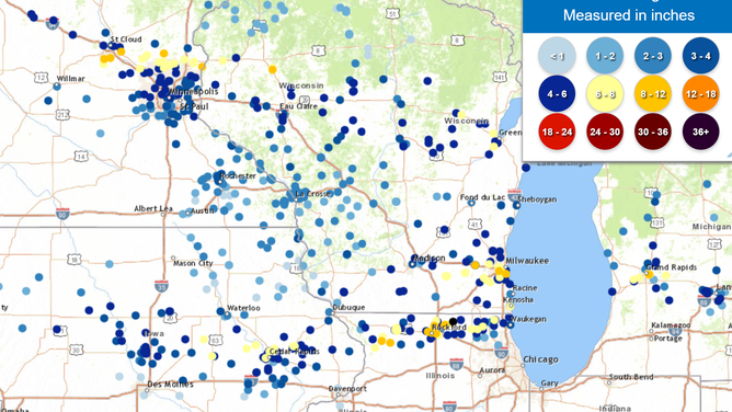 Snowfall totals as of Friday evening