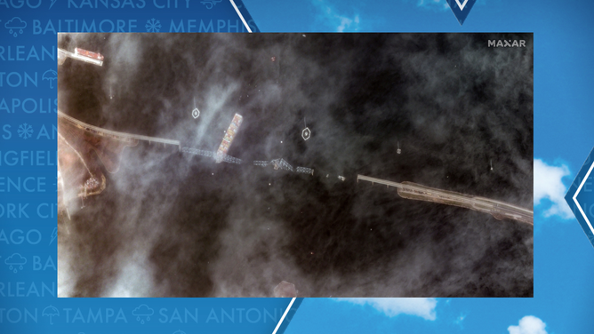 MAXAR satellite image showed the aftermath of the Francis Scott Key Bridge in Baltimore, Maryland on March 26, 2024.