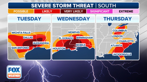 Multiday severe weather pattern covers Gulf Coast, South with threat of tornadoes, large hail