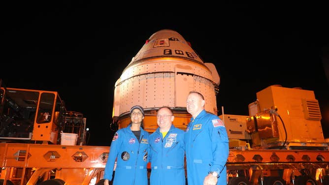 NASA astronauts Butch Wilmore, Suni Williams and Mike Fincke at the Crew Test Flight Starliner rollout on April 16, 2024.