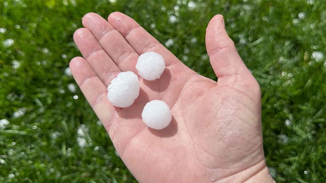 A person holds quarter-sized that fell in Brambleton, Virginia, on April 15, 2024.