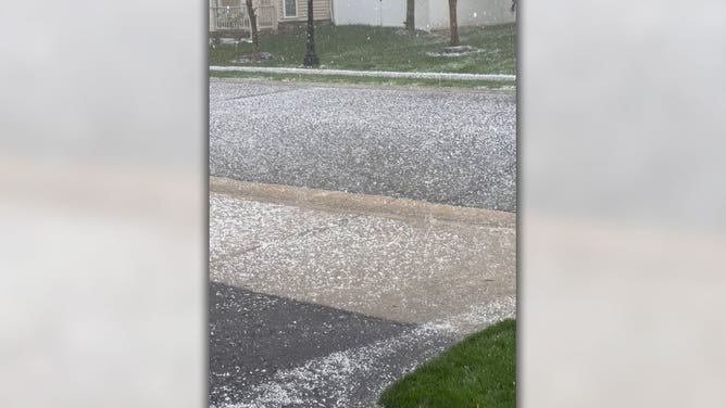 Hail covers the ground in Brambleton, Virginia, on April 15, 2024.