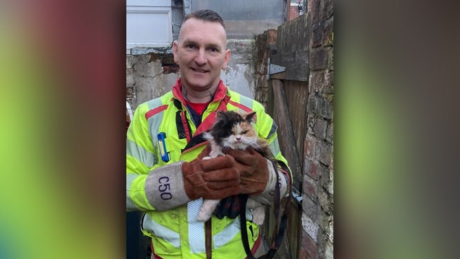The Lancashire Fire and Rescue Service successfully rescued a cat that was stuck between two walls.