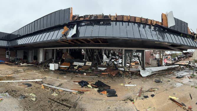 Tornado damage to The Mix Mercantile business in downtown Sulphur, Oklahoma on April 28, 2024.