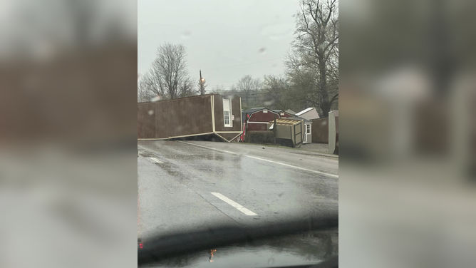 Strong winds blew over this shed in Nicholasville, Kentucky.