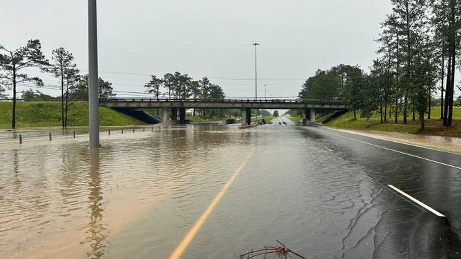 Flooding seen on April 10, 2024 on Interstate 59 in Pearl River County, near Picayune, Mississippi.