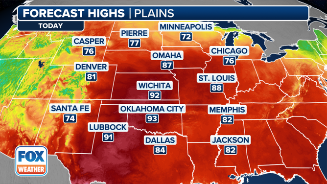 Forecast temperatures on Sunday in the Central U.S.