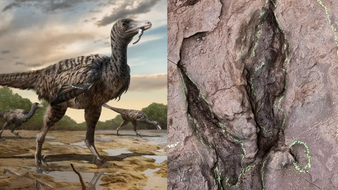 LEFT: Life reconstruction of the giant troodontid. RIGHT: Image of the track discovered. (Credit: Dr. Scott Persons)