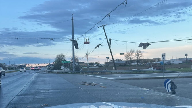 Storm damage seen along US41 near I-64 in Evansville, Indiana.