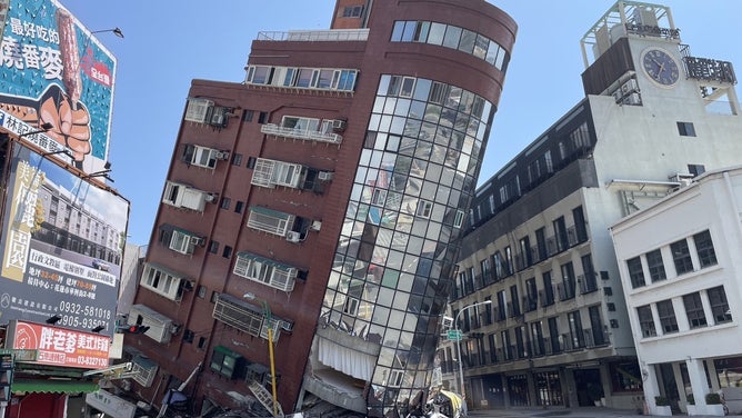 HUALIEN, TAIWAN - APRIL 3: The Uranus Building at Xuanyuan Road is tilted severely as at least four people were killed and hundreds of others injured after a magnitude 7.4 earthquake struck off Taiwan's eastern coast on the Richter scale, in Hualien, Taiwan on April 3, 2024. The building tilted at an angle of more than 60 degrees, and one person is still missing. The police immediately went to the rescue after receiving the report. (Photo by Hualien County Fire Department/Anadolu via Getty Images)