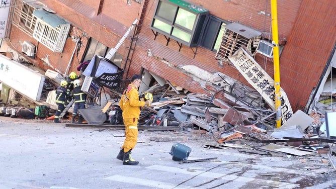 HUALIEN, CHINA - APRIL 03: Rescuers work at the partially collapsed building after a powerful 7.3-magnitude earthquake rocked the entire island on April 3, 2024 in Hualien County, Taiwan of China. A major earthquake has hit the east coast of Taiwan with a magnitude of 7.3, the strongest on the island in 25 years. (Photo by VCG/VCG via Getty Images)