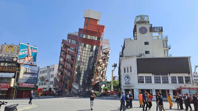 HUALIEN, CHINA - APRIL 03: A red building is partially collapsed after a powerful 7.3-magnitude earthquake rocked the entire island on April 3, 2024 in Hualien County, Taiwan of China. A major earthquake has hit the east coast of Taiwan with a magnitude of 7.3, the strongest on the island in 25 years. (Photo by VCG/VCG via Getty Images)