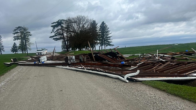 Storm damage from Dallas Center, Iowa, on Tuesday morning, April 16, 2024.