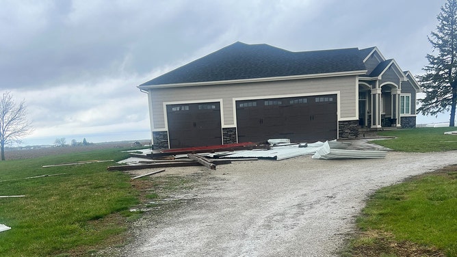 Storm damage from Dallas Center, Iowa, on Tuesday morning, April 16, 2024.