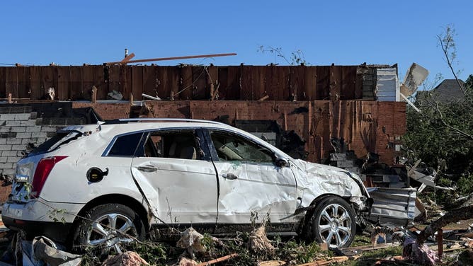 Destruction left behind in Sulphur, Oklahoma after an EF-3 tornado ripped through the community on April 27, 2024.