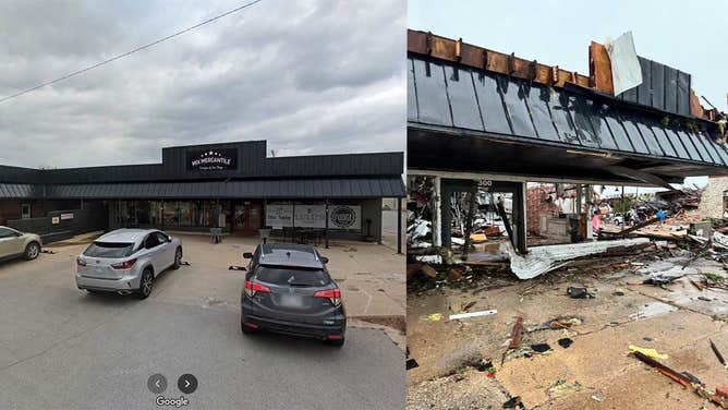 An image on the left shows the view from Google Street View before the storm and the image on the right from Christy Morris, owner of The Mix Mercantile, shows the destruction after the tornado.
