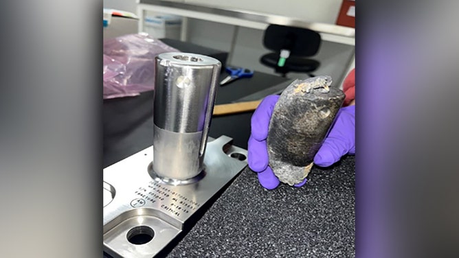 Recovered stanchion from the NASA flight support equipment used to mount International Space Station batteries on a cargo pallet. The stanchion survived re-entry through Earth’s atmosphere on March 8, 2024, and impacted a home in Naples, Florida