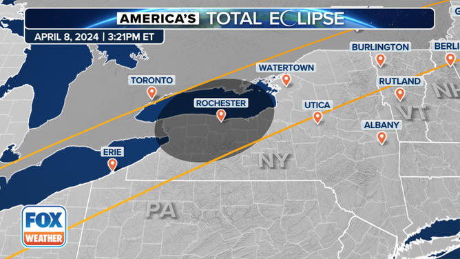 The path of totality through New York on April 8, 2024.