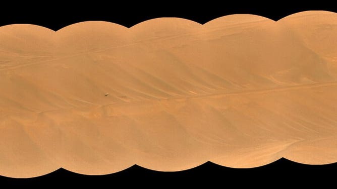 NASA’s Ingenuity Mars Helicopter, right, stands near the apex of a sand ripple in an image taken by Perseverance on Feb. 24, about five weeks after the rotorcraft’s final flight. Part of one of Ingenuity’s rotor blades lies on the surface about 49 feet (15 meters) west of helicopter (left of center in the image). 