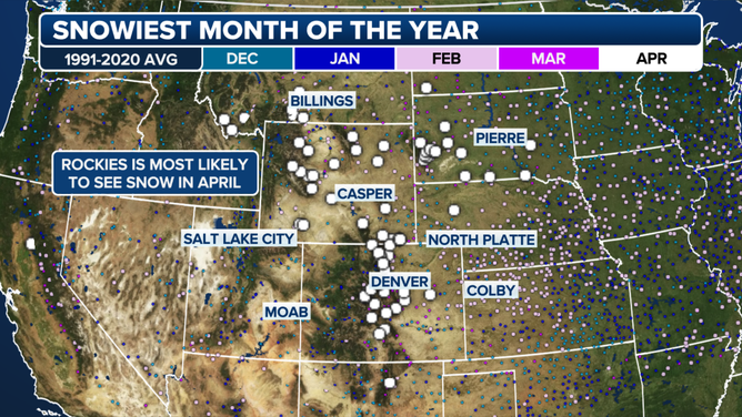 The Rockies are most likely to see snow in April.