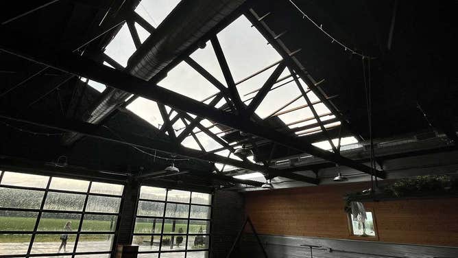 Tornado damage to the event venue at Brookdale Farms in Eureka, Missouri.