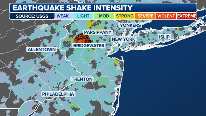 A shake intensity map from the USGS from a 4.8 earthquake that hit New Jersey on April 5, 2024.