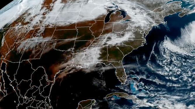 The umbra or shadow of the Moon seen on NOAA GOES East satellite moving across the U.S.
