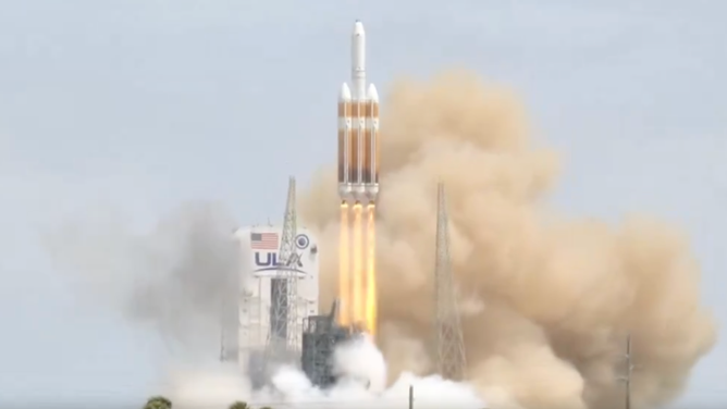 ULA's Delta IV Heavy rocket launches from Launch Complex 37 in Cape Canaveral, Florida on April 9, 2024 marking the final mission for the rocket.