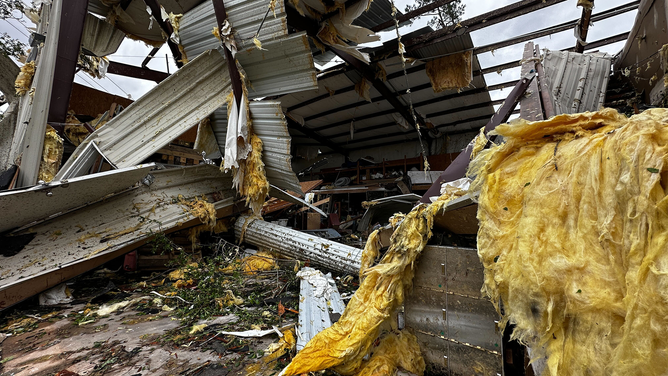 A building was heavily damaged during a tornado in Slidell, Louisiana, on Wednesday, April 10, 2024.