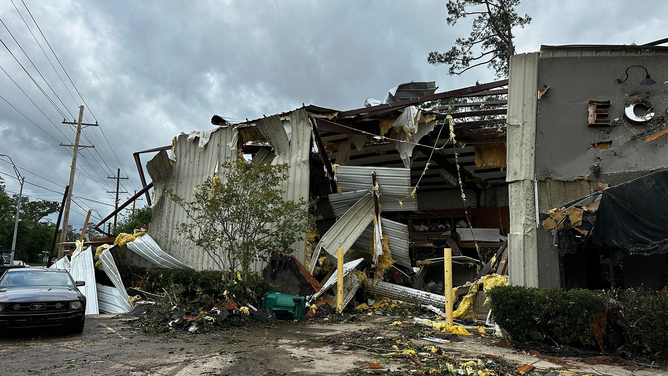 Heavy damage is seen to a building after a tornado in Slidell, Louisiana, on Wednesday, April 10, 2024.