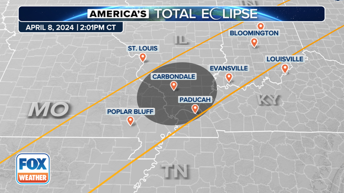Total solar eclipse path for Kentucky and Illinois on April 8, 2024.