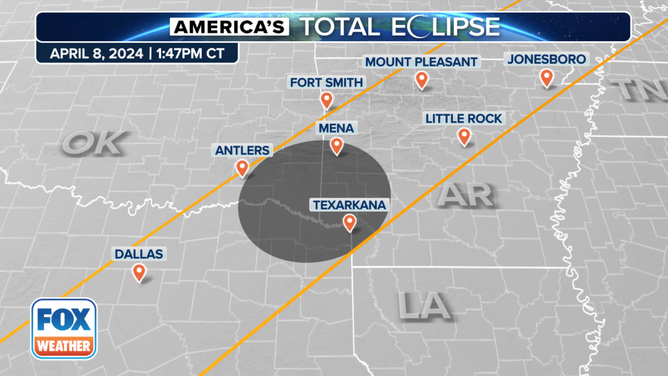 April 8th total solar eclipse path through Oklahoma.