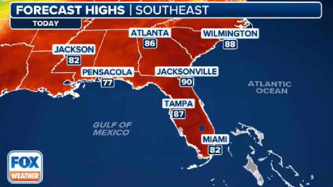 High temperatures forecast through Sunday across the Southeast.
