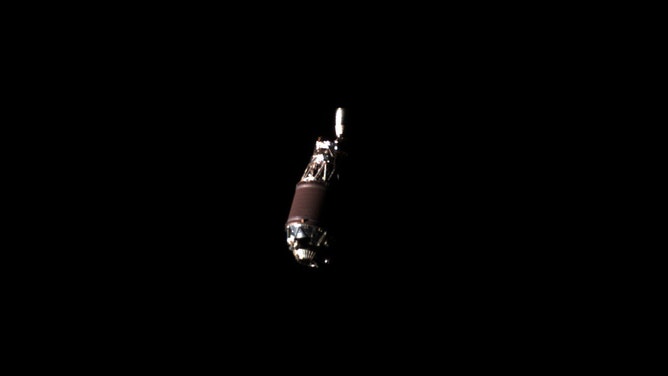 A photo taken by Astroscale's ADRAS-J spacecraft while severel hundred meters away from a Japanese rocket upper stage in space. 